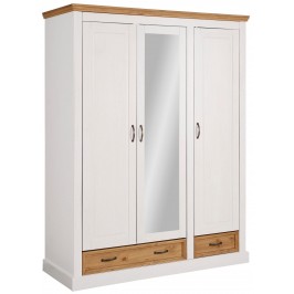 Guarda roupas de madeira maciça rústica com 3 portas 2 gavetas e espelho acabamento branco lavado e cera | Coleção England